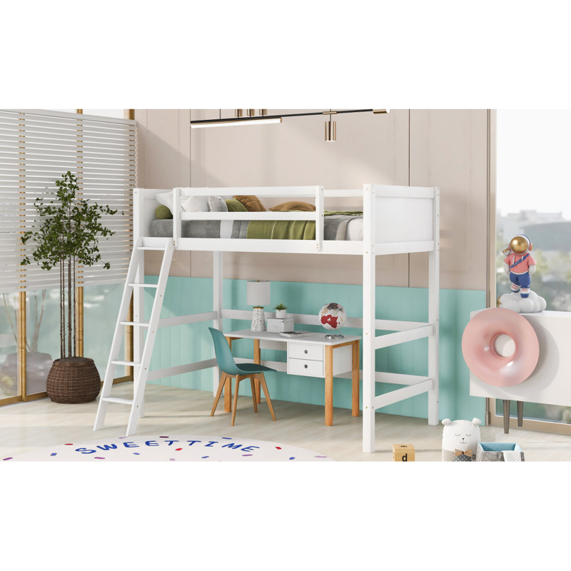 Lit mezzanine simple en bois massif avec échelle (blanc), Blanc