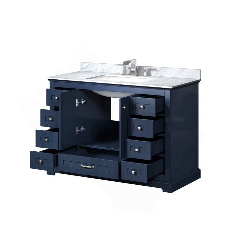 Meuble-lavabo simple bleu marine 48 po X P 22 po D, dessus en marbre de Carrare et ensemble de robinet