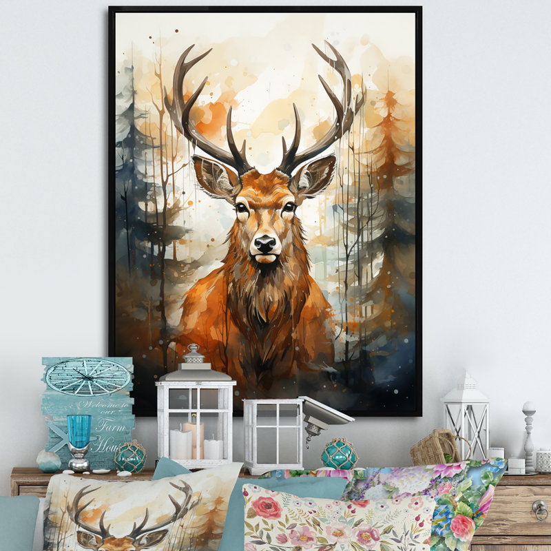 Deer Wonderers V sur toile, Cadre flottant noir, 32" H x 24" W