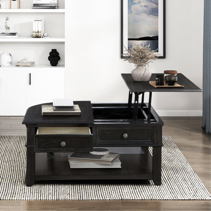 Table basse gris anthracite avec plateau relevable, tiroir et tablettes ouvertes