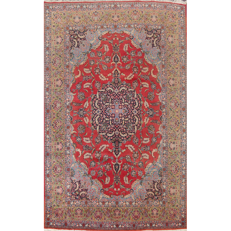 Tapis rouge en laine noué à la main de conception unique 8 pi 11 po x 12 pi 10 po Orlandino