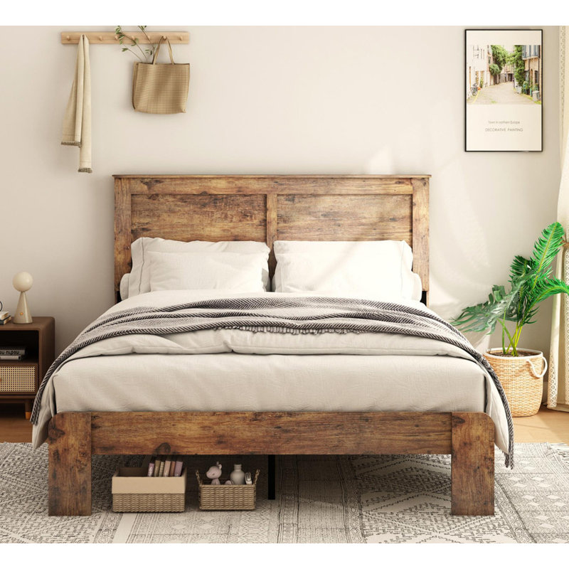 Cadre de lit plateforme en bois, cadre de lit grand, Grand lit, Brun