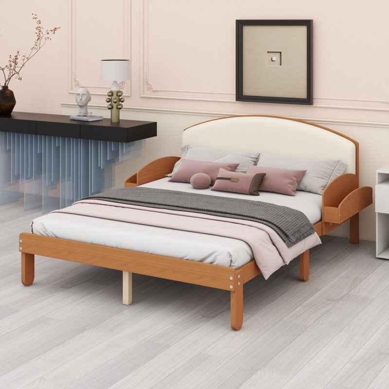 Cadre de lit plateforme avec tête de lit rembourrée incurvée et étagères de rangement intégrées pour chambres modernes