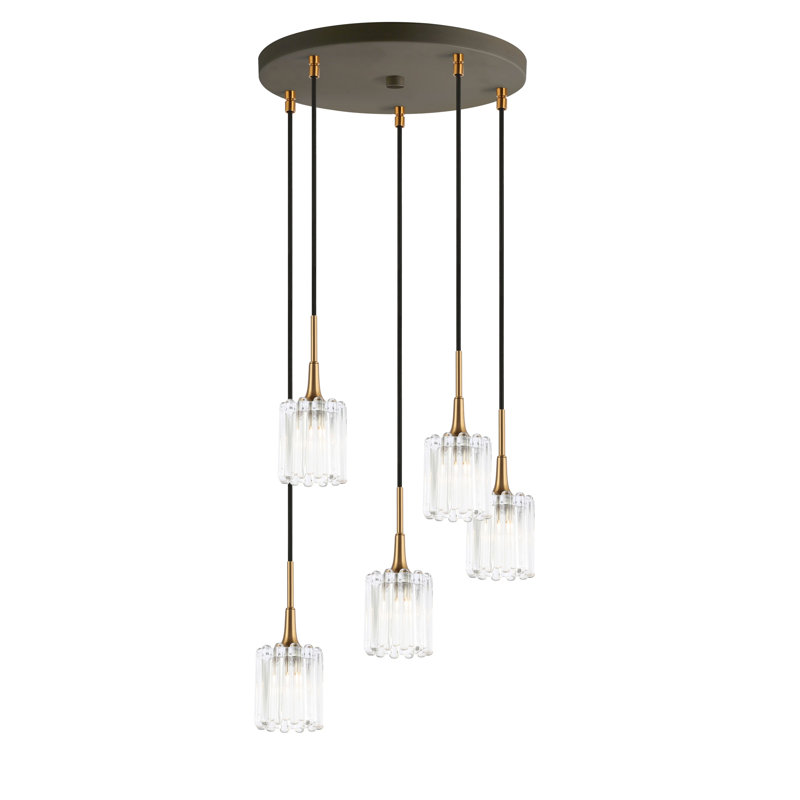 Luminaire suspendu tambour grappe 5 lumières Romona, Chrome / bronze, Halogène
