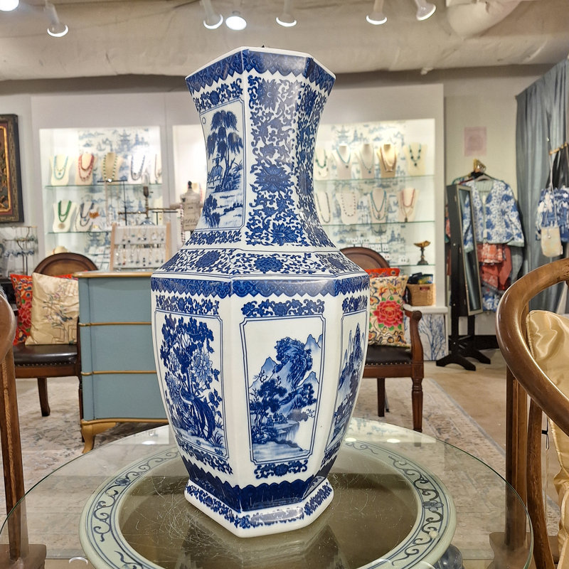 Hex Blue and White Landscape Vase