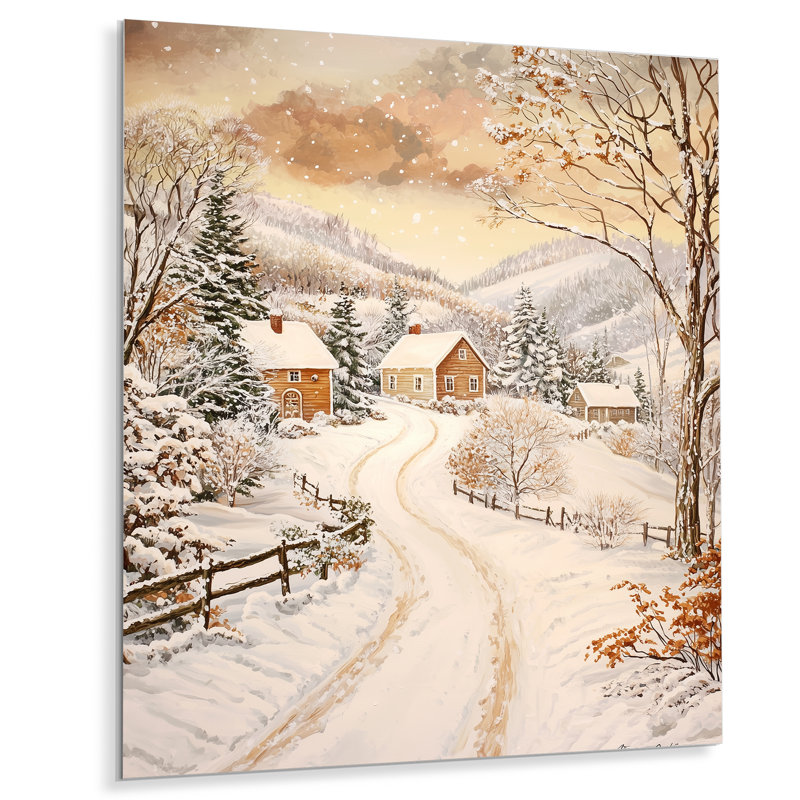 «Snowy Winter Village In Canada IV», impression sur métal, paysages d'hiver, H 32 po x l 16 po
