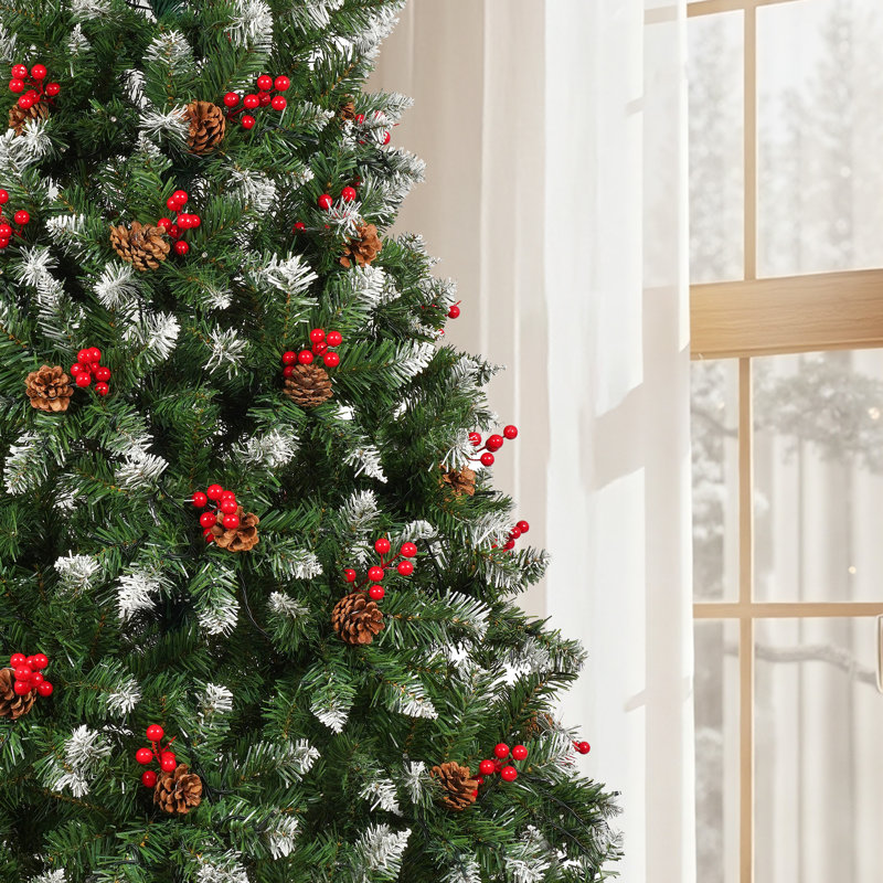 Arbre de Noël artificiel vert pré-éclairé avec lumières DEL, décoré avec pomme de pin, 6'4"