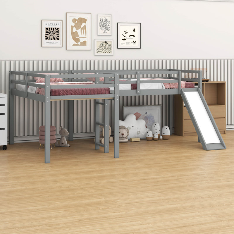 Twin Size L-Shaped Loft Bed With Slide, Ladder And Safety Guardrail, Gray