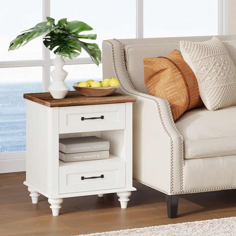 Table de chevet 2 tiroirs Scarlett, Blanc / Brun, Ensemble de 2