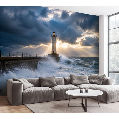Wall Mural Peel and Stick Wallpaper Dramatic Lighthouse Seascape spray coastal sea ocean beach Self-Adhesive Removable Contact Paper Wall Decor for Living Room Bedroom 100"H x 144"W
