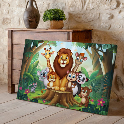 Toile, scène animée vibrante dans un soleil luxuriant, art mural Jungle mettant en vedette un groupe diversifié de dessins animés sur toile
