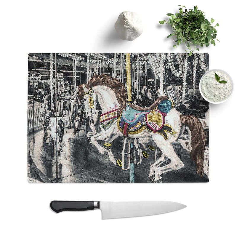 Tempered Glass Carousel Horse Chopping Board, 39 cm W x 28.5 cm L