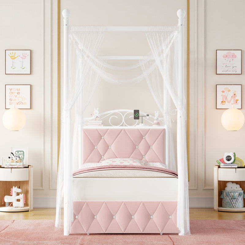Lit à baldaquin en métal avec ports de charge, 2 modes Princess Bed, Complète, Rose/Blanc