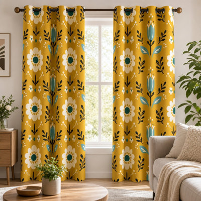 2Pcs Retro Floral Print Sun Blocking Curtains, Mid Century Modern Style, Boho Chic Decorative for Bedroom Living Room for Home Dector