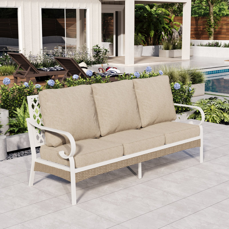 Canapé d'extérieur de 74,8 po de largeur avec coussins et décoration en osier, Coussin beige / structure blanche