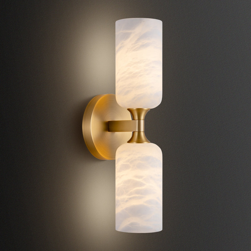 Aleinah 14" Modern White Alabaster Marble Bathroom Vanity Wall Sconces, Brass