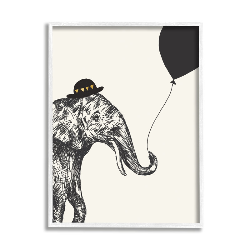 Éléphant avec un chapeau de Derby tenant un ballon noir, Giclée encadrée blanc bord de mer, H 14 po x l 11 po x P 1,5 po