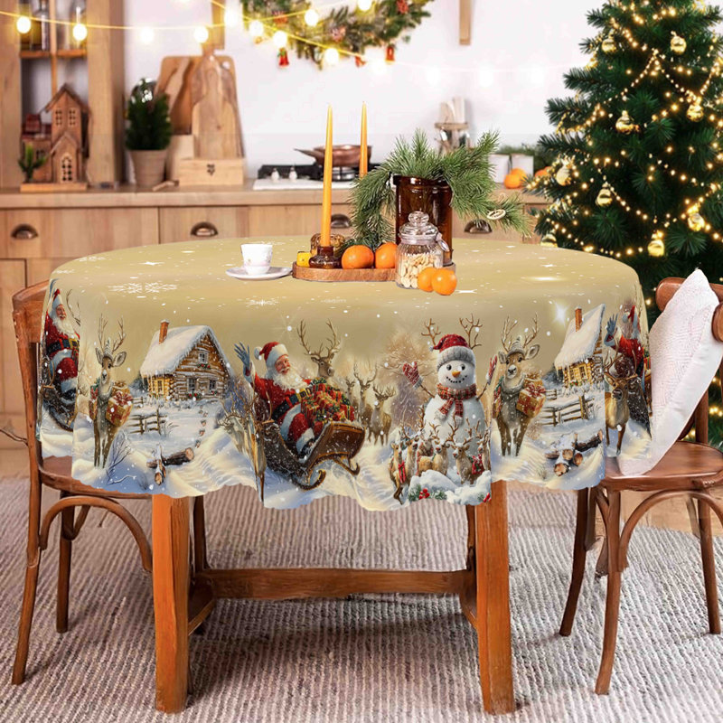 1pc round/rectangular polyester tablecloth, Christmas tablecloth with pine, snowman, truck, embosed edge, Christmas decorations for dining table, festival party holiday table decoration, festival gift