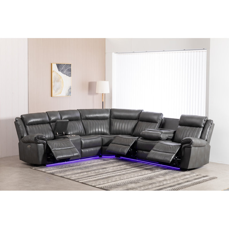 Arvard Faux Leather Power Reclining L-Shaped Sectional Left Hand Facing, Gray Faux Leather