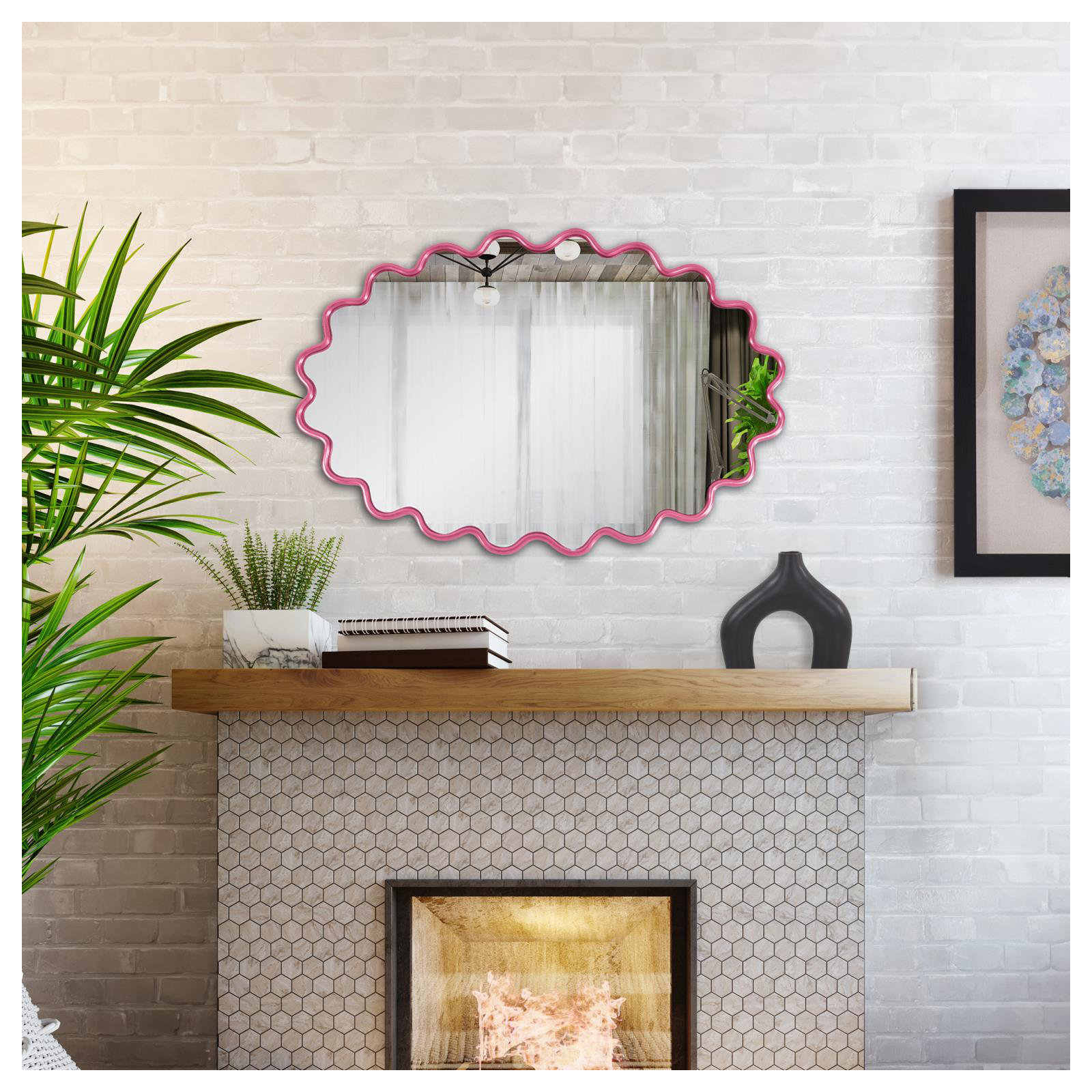 Modern Wavy Framed Oval Wall Mirror, Pink