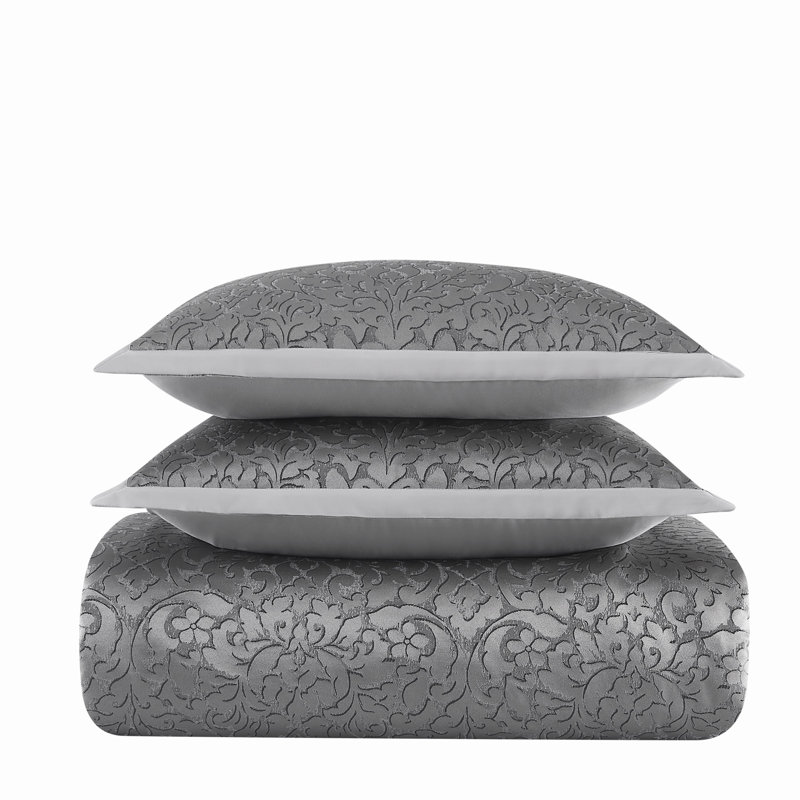 Borghese Roma Coventry Jacquard Duvet Cover Set – Luxury Textured Bedding with Microfiber Reverse, Grey, Queen