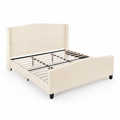 Structure de lit plateforme très grand avec tête de lit haute et pied de lit haut, revêtement en velours de peluche doux, système de support à 12 lattes, pieds de support en bois massif, structure robuste