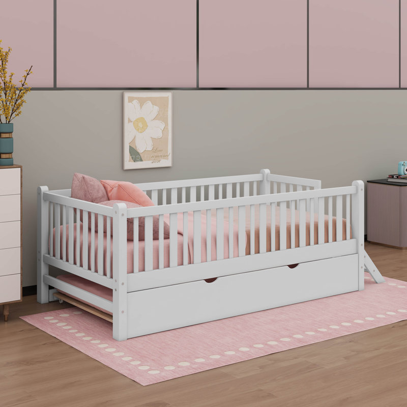 Lit plateforme simple avec garde-corps et lit gigogne, Blanc