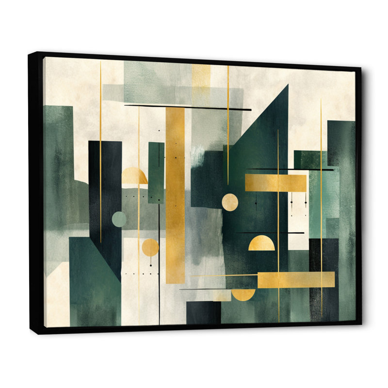 «Gold Green Parallel Universes - Abstract Shapes», art mural, H 16 po x l 32 po x P 1 po, Cadre flottant noir