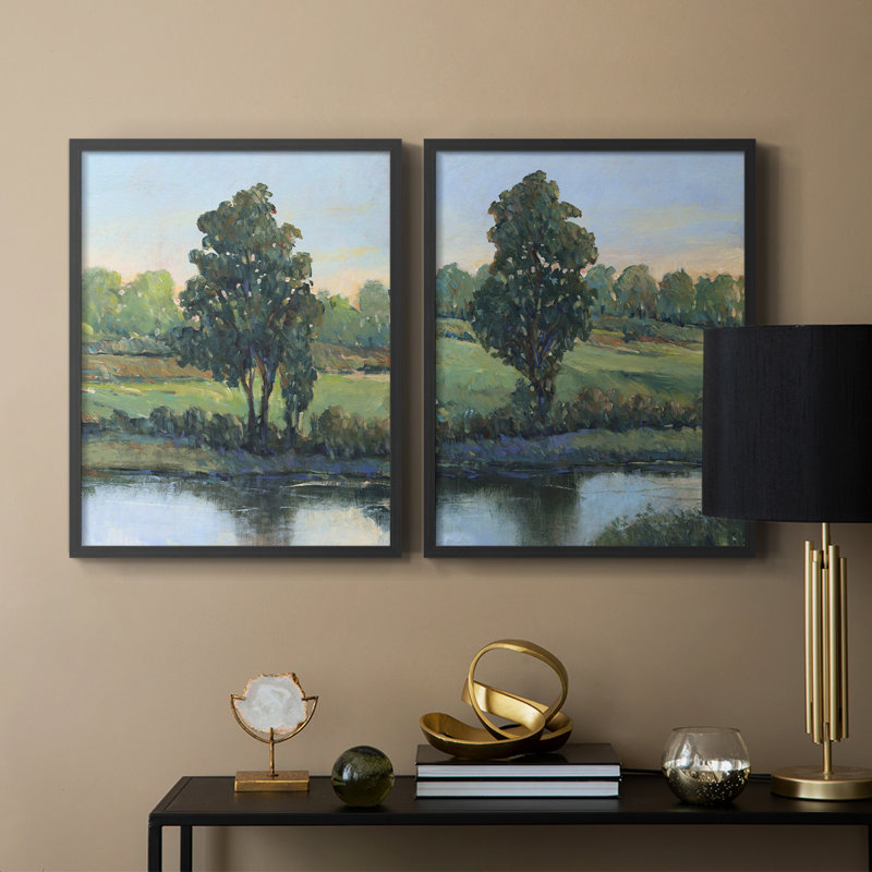 «Tree by the Riverbank I», reproduction encadrée de qualité supérieure - prête à être accrochée - aucun clou requis - aucun clou requis