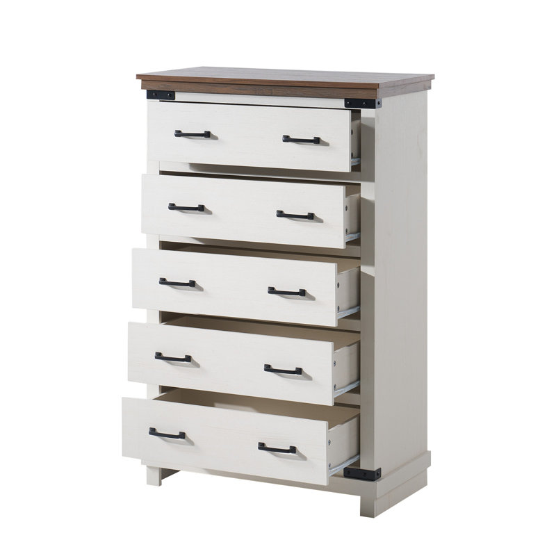Commode 5 tiroirs avec grand espace de rangement Quan Farmhouse H 48 po, blanc / brun, Blanc / Brun