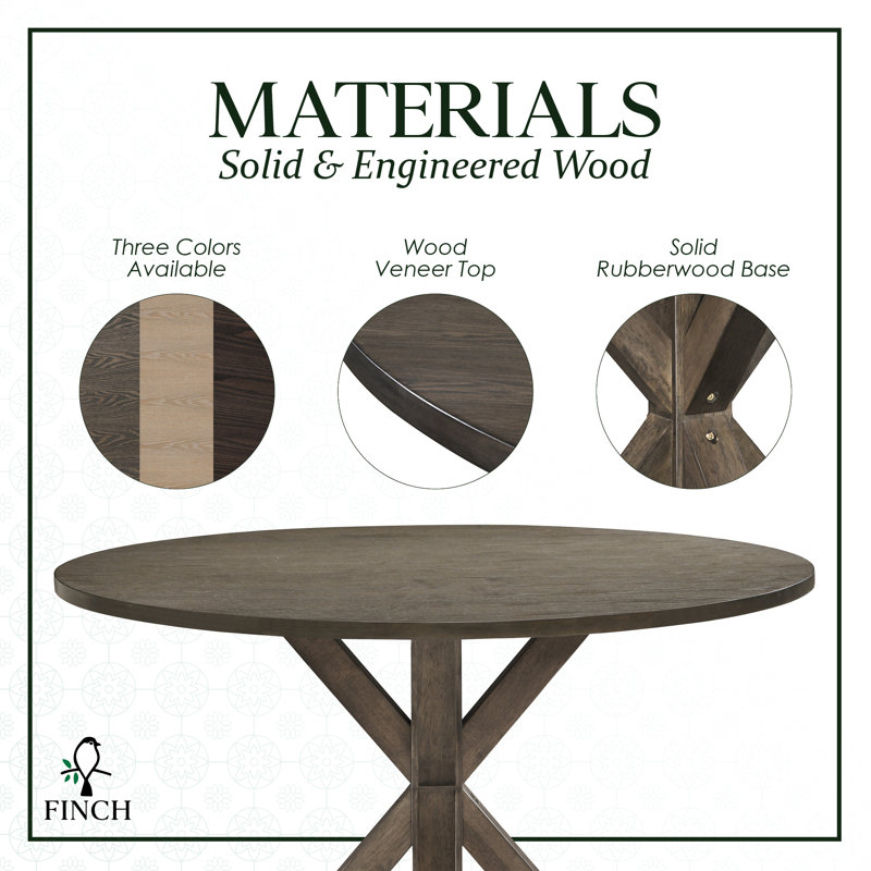 Finch Alfred Round Rustic Solid Wood Dining Table with X-Base, Seats 4, Rustic Brown
