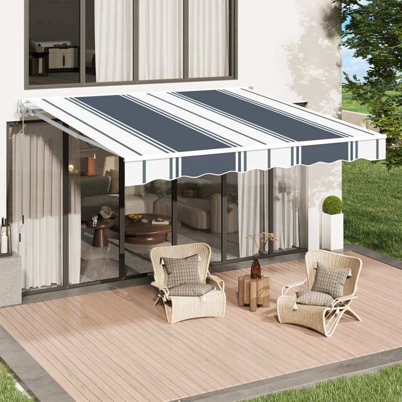 AECOJOY Manual Retraction Slope Patio Awning, 120" W x 96" D, Blue Stripes, Striped
