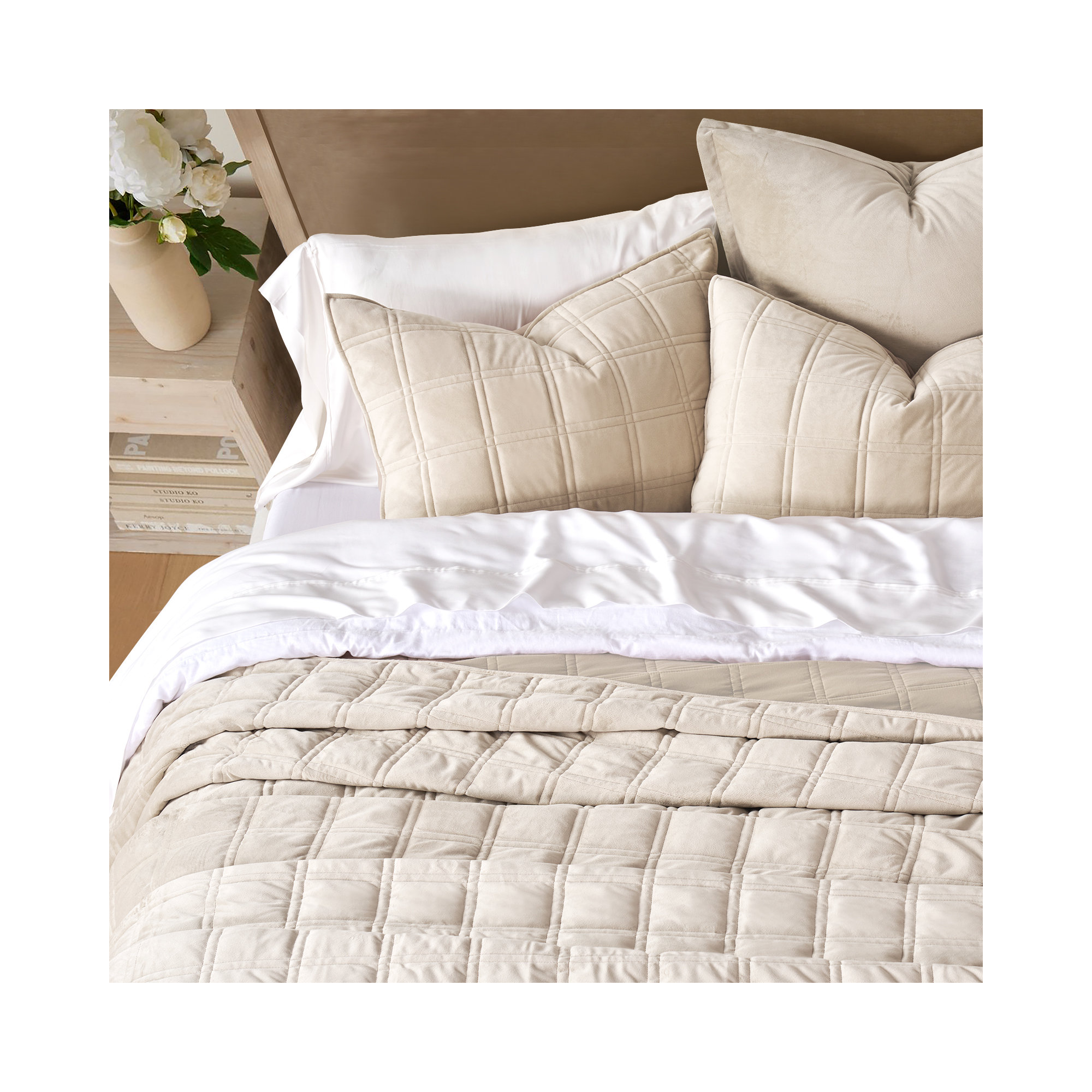 Double Box Stitch Velvet Quilt set, Beige, King Quilt + 2 King Shams