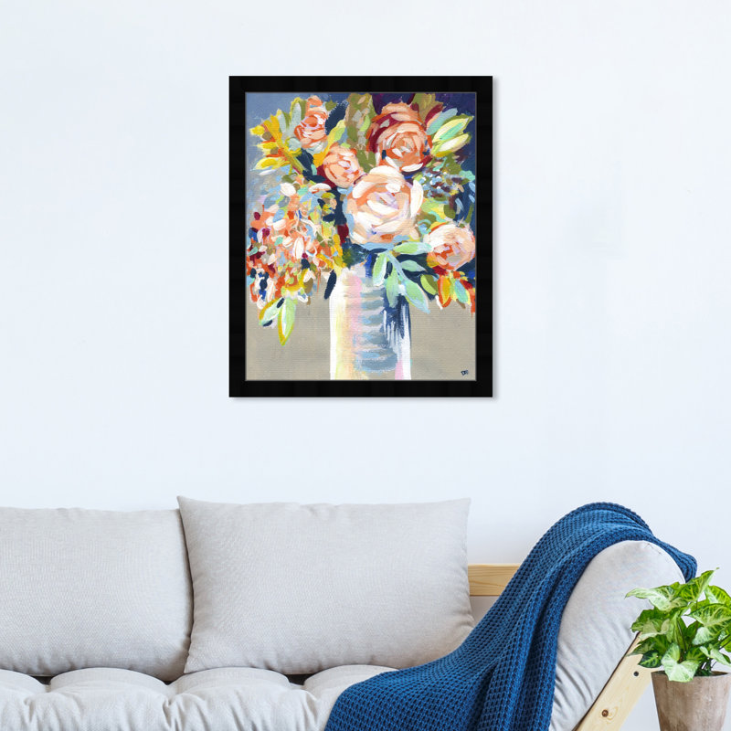 Cadre floral peint à l'orange, Cadre noir, H 22 po x l 18 po