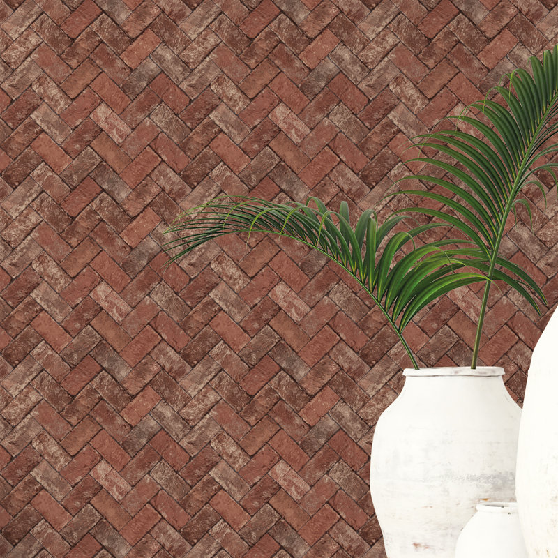 Fereol Herringbone Brick 10m X 53cm Wallpaper Roll, Brick Red