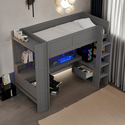 Lit mezzanine en bois avec bureau, tablettes multiples, DEL et station de charge, gris foncé