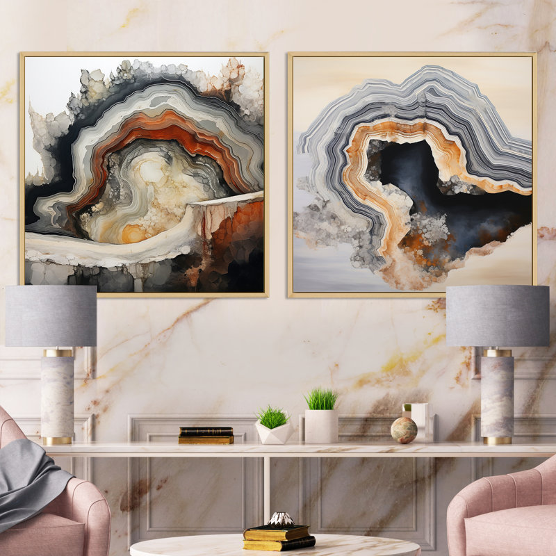 2 Pieces - Stone Geode Scenery Minimalism, Brown Framed, 36" H x 73" W