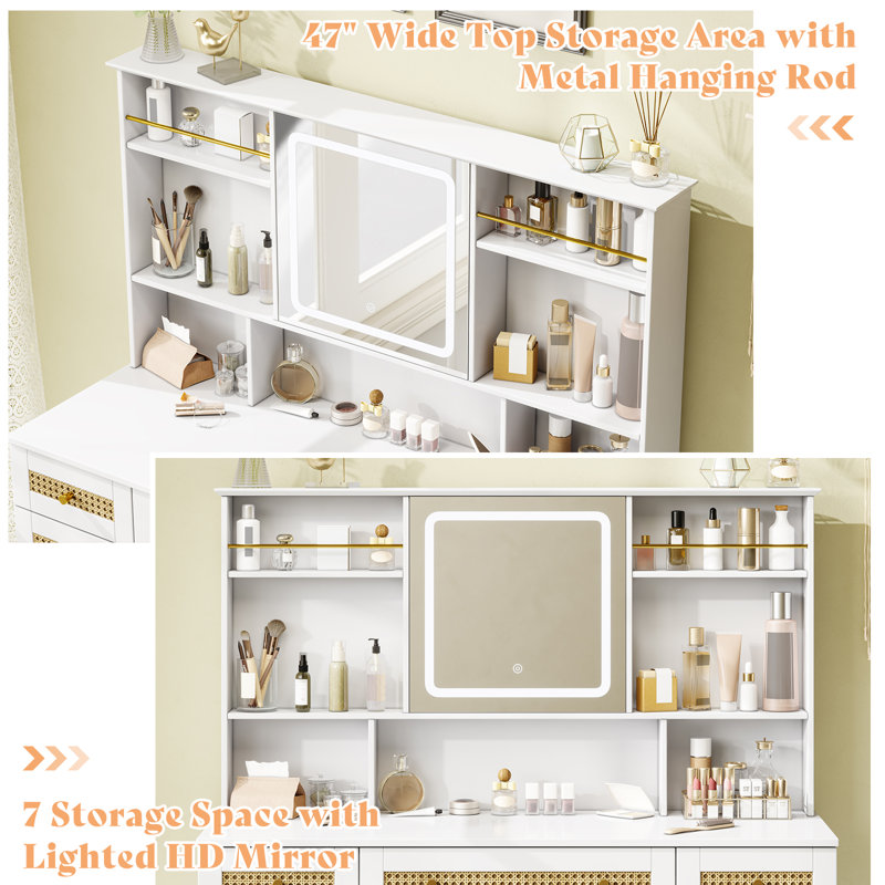 Frohna Rattan Door Makeup Vanity Desk with Mirror & Lights, 47'' Modern Boho Vanity Table with Stool, White