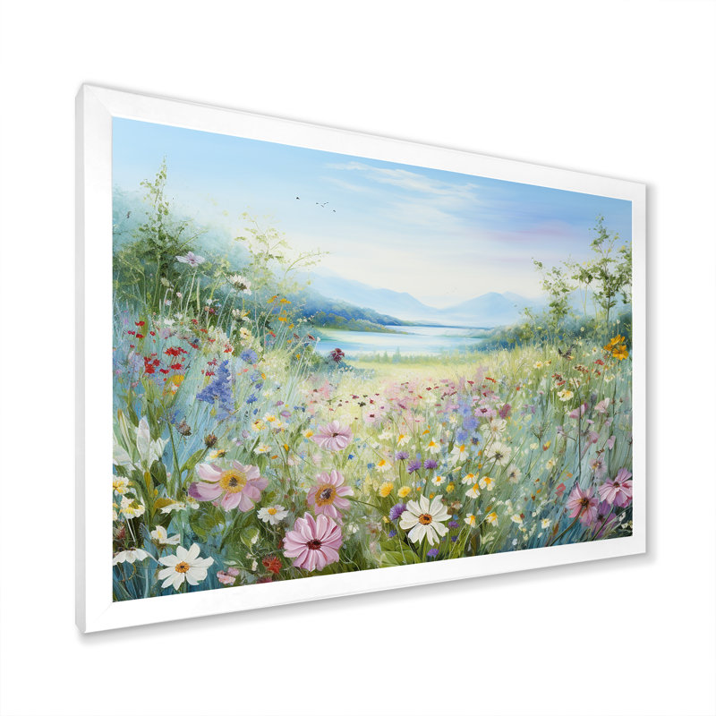 Simplity Wreath Green Flower Field - Art mural grand champ de fleurs, H 34 po x l 44 po x P 1,5 po, Cadre simple blanc