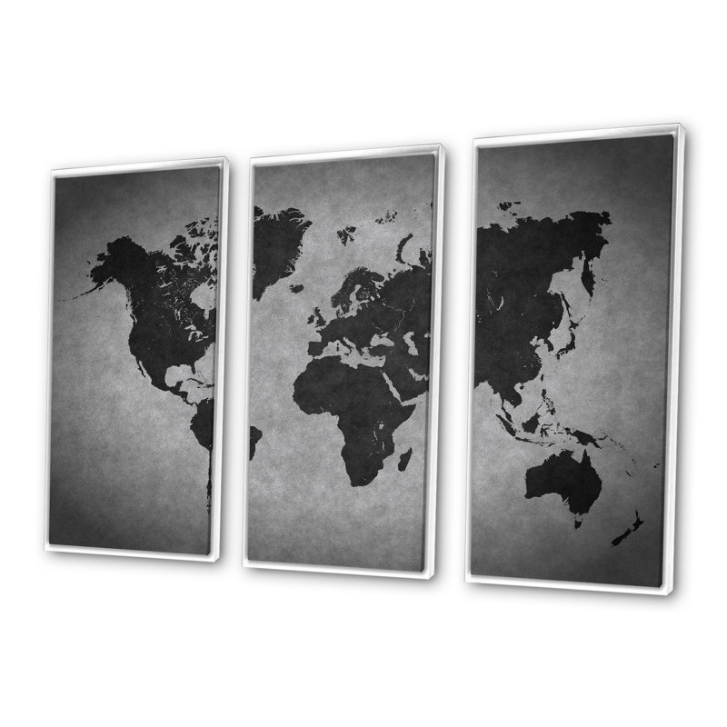 Ancienne carte du monde, impression sur toile flottante 3 pièces, H 32 po x l 48 po x P 1 po, Cadre blanc
