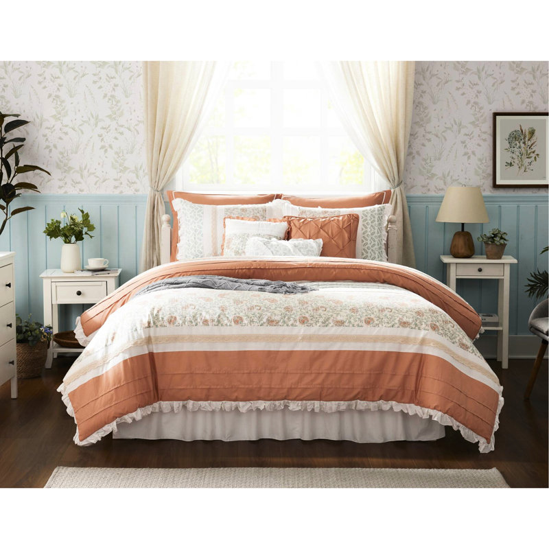 Édredon grand corail 9 pièces - tissu de coton, élégance sophistiquée et imprimé, 2 taies décoratives, 3 coussins décoratifs Euro