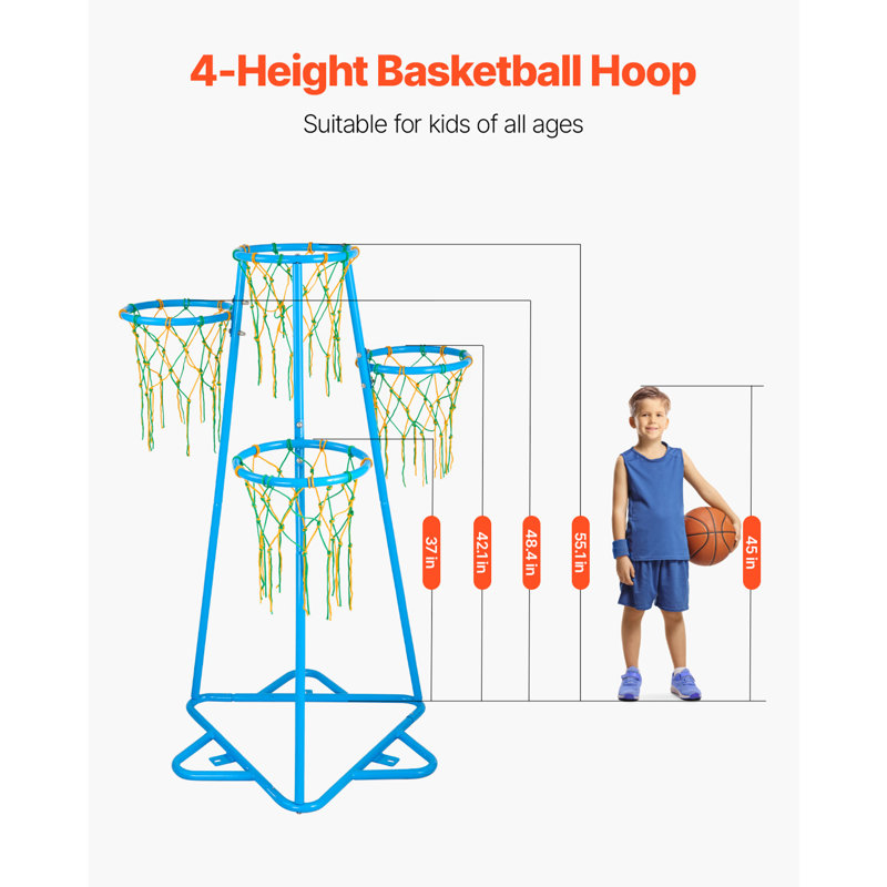 Support de basketball portatif pour enfants à 4 anneaux avec hauteurs réglables