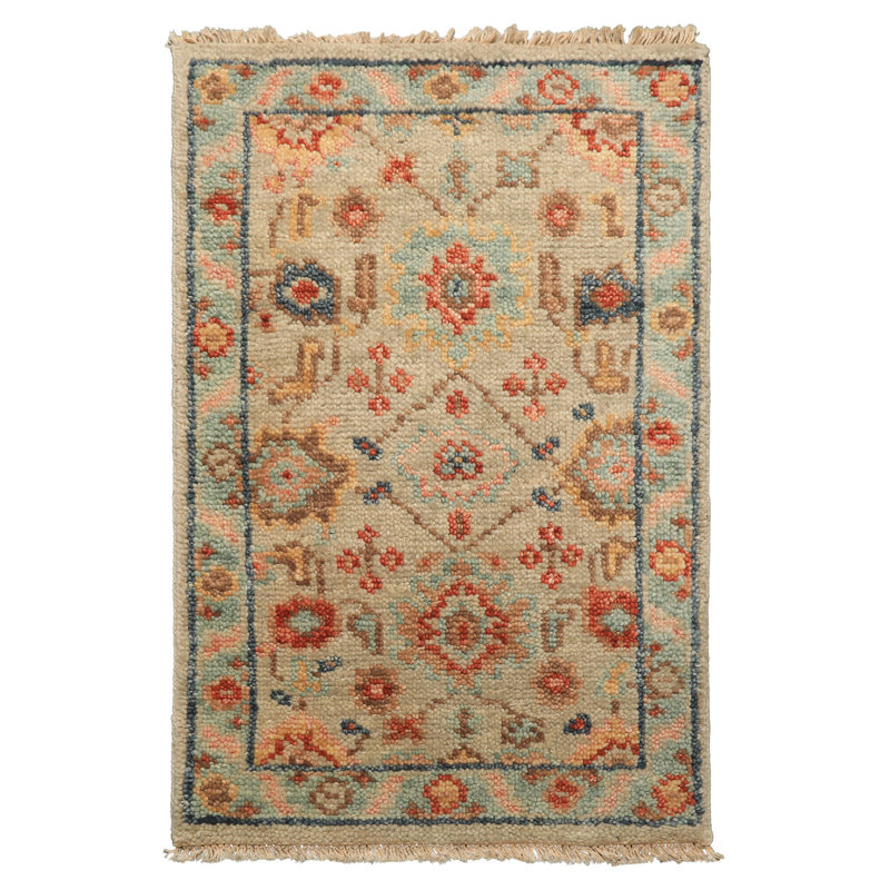 Tapis transitionnel beige en laine noué à la main 2 x 3 po Oushak