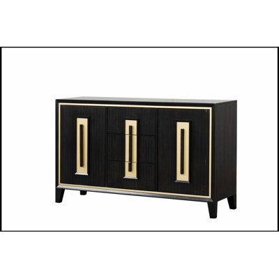 Desserte 1 pièce espresso avec tiroirs de rangement, poignées en bois et garniture décorative dorée pour un mobilier de salle à manger élégant