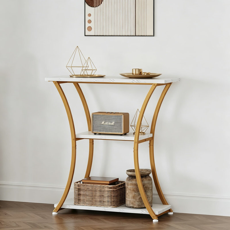 Console rustique à 3 niveaux avec tablettes ouvertes, table d'entrée étroite avec structure en métal incurvée, table de canapé mince pour le couloir du salon ou du vestibule, marbre blanc doré