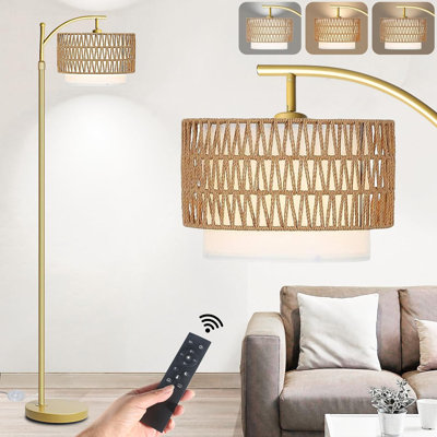 Modern Arc Floor Lamp With Remote Control, Dimmable LED Bulb, And Rattan Lampshade For Living Room, Bedroom, Or Office