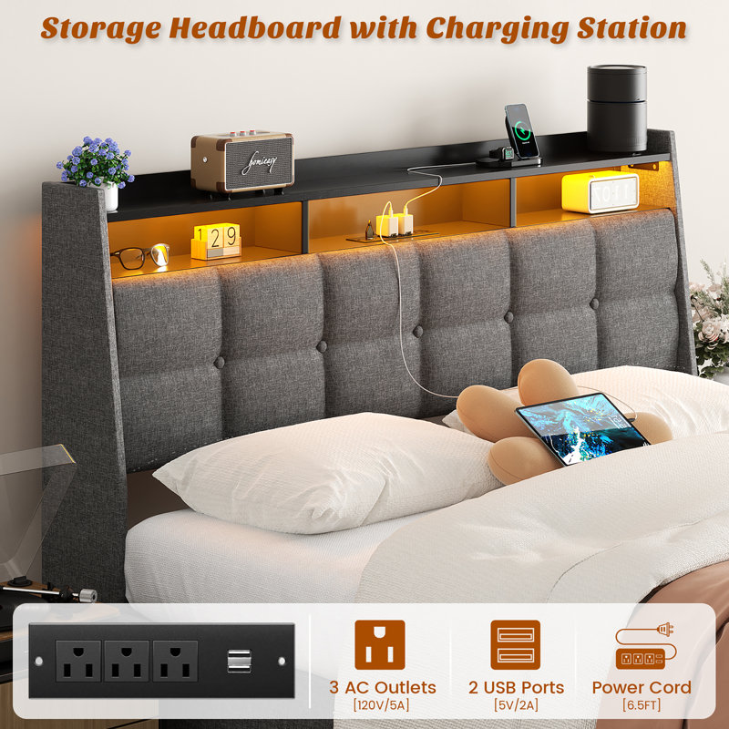 Upholstered Bed Frame With Drawers With Storage Headboard,Charging Station LED Light, Gray, Full