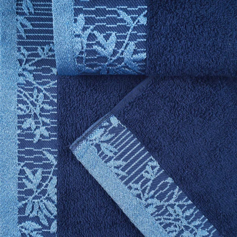 Carinna Cotton Medium Weight Floral Jacquard Border Assorted Bathroom Towel Set, Navy Blue, Hand Towels - 4 Pack