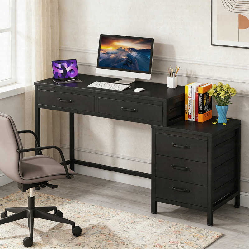 5-Drawer Computer Desk – Study & Writing Table With Reversible Drawer Cabinet, Black