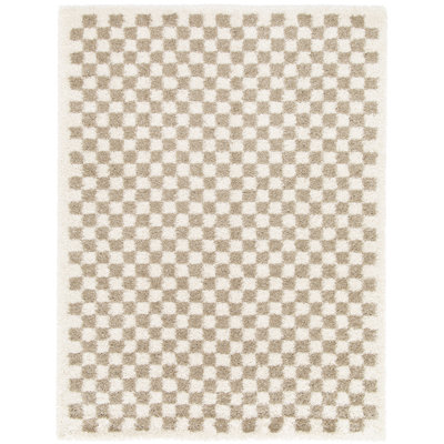 Tapscott Soft High Pile Machine Woven Chequered Beige/White Rug